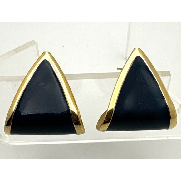 Vintage Navy Blue Enamel Triangle Clip on Earrings Gold Tone Retro Fash Career - Picture 1 of 5